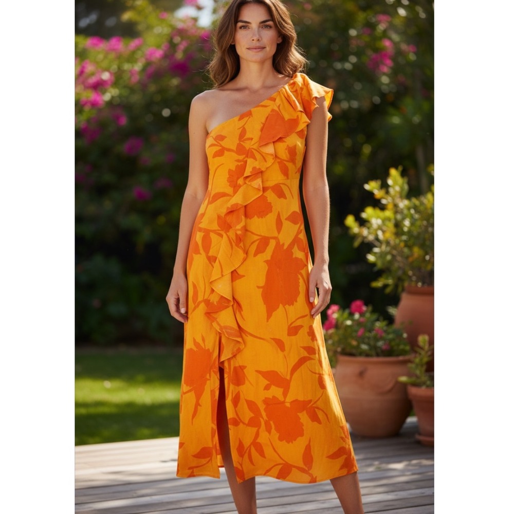 Taylor One Shoulder Maxi Dress Ruffle Floral‎ Party Cocktail Orange Size 2 NWT